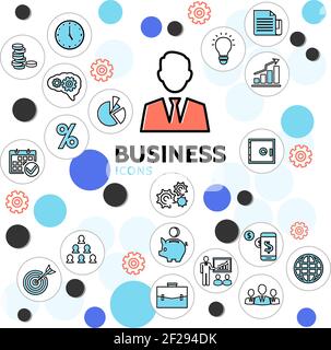 Collezione icone linea business con orologio businessman diagramma calendario cassaforte bulbo documenta i grafici target di valigetta in cerchi isolati vettore illustra Illustrazione Vettoriale