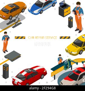 Modello di servizio di riparazione auto isometrica con auto meccanica taxi sport polizia automobili automobili pittura e processi diagnostici illustrazione vettoriale Illustrazione Vettoriale