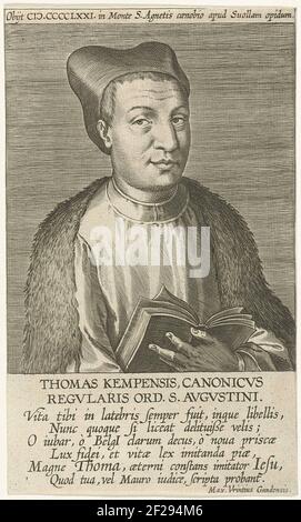 Ritratto di Thomas à Kempis; Thomas Kempensis CanonicVs; Ritratti di famosi studiosi olandesi e fiamminghi; Illustrazione Galliae Belgicae Scriptorum icones et elogi.Ritratto di Thomas à Kempis. Busto verso destra. La stampa ha una cima latina e una didascalia ed è parte di una serie di famosi studiosi olandesi e fiamminghi. Foto Stock