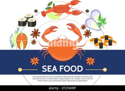 Piatto colorato composizione di pesce con cozze di bistecca di salmone di aragosta di granchio sushi rolls rosmarino prezzemolo rami stella anice calce isolato vettore illustratore Illustrazione Vettoriale