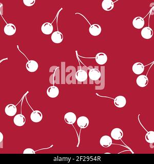 Motivo senza cuciture con ciliegie bianche su sfondo rosso. Illustrazione vettoriale. Summer Bright Vector Illustration ottimo per la stampa. Cibo ornamento Illustrazione Vettoriale