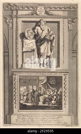 H. Tito; De H. Tito Bisschop van Kreta. Aldaar in Hoogen Ouderdom, in vreede gesturven.Saint Tito detiene un ritratto del re di Creta che sostiene una mappa di questa isola. Tito si trova su una base dove il suo letto di morte è stato esposto sulla parte anteriore. PRENT al centro dell'etichetta: II Parte UPL: 91. Foto Stock