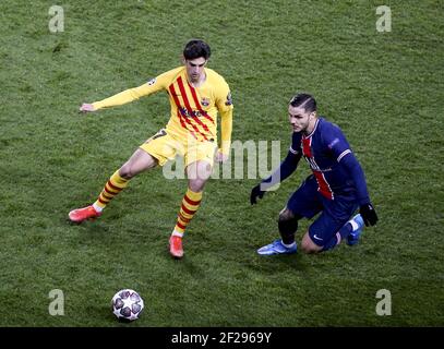 Francisco Trincao di Barcellona, Mauro Icardi del PSG durante la UEFA Champions League, round del 16, 2° incontro di calcio tra Paris Saint-Germain (PSG) e FC Barcelona (Barca) il 10 marzo 2021 allo stadio Parc des Princes di Parigi, Francia - Foto Jean Catuffe / DPPI / LiveMedia Foto Stock