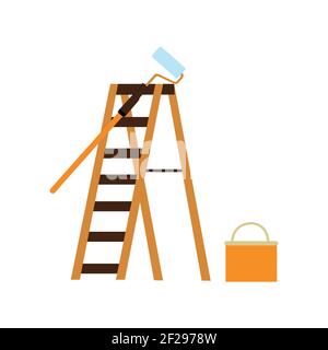 spazzola per pittura a parete e strumenti a scala su bianco Illustrazione Vettoriale