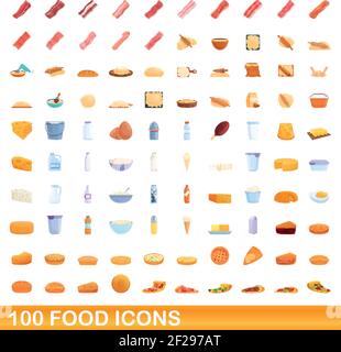 100 food set di icone. Cartoon illustrazione di 100 food icone set di vettore isolato su sfondo bianco Illustrazione Vettoriale