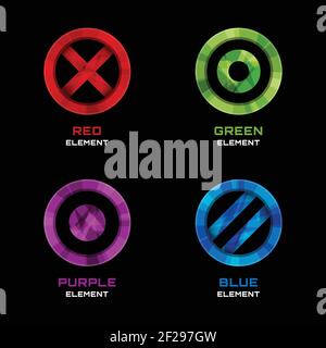 Elementi di design con logo a cerchio, a croce e a punti. Blu e rosso, viola e verde. Illustrazione vettoriale Illustrazione Vettoriale