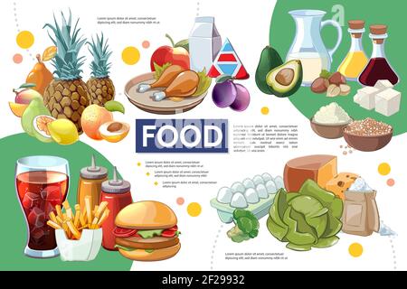 Concetto infografico del cibo del cartone animato con frutta verdura bevande uova di pollo formaggio zucchero cereali noci salsa di soia olio d'oliva illustrazione vettoriale Illustrazione Vettoriale