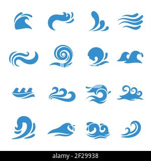 Icone delle forme d'onda. Elemento del mare dell'acqua, curva del liquido dell'oceano, tempesta di turbolenza che scorre, illustrazione vettoriale Illustrazione Vettoriale