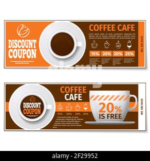 Buono sconto per il caffè o buono omaggio. Sconto caffè etichetta, buono banner, buono caffè espresso, illustrazione regalo gratuita. Modello vettore Illustrazione Vettoriale