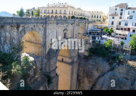 Puente Nuevo dal punto di vista di Aldehuela a Ronda, Malaga, Andalusia, Spagna Foto Stock