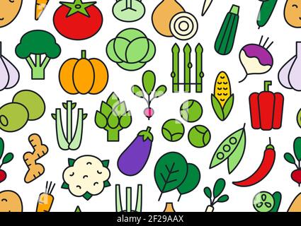 Modello vettoriale senza cuciture, struttura infinita con verdure. Serie di icone di colore lineari isolate. Contorno, forma, contorno. Cibo sano e vitamine Illustrazione Vettoriale
