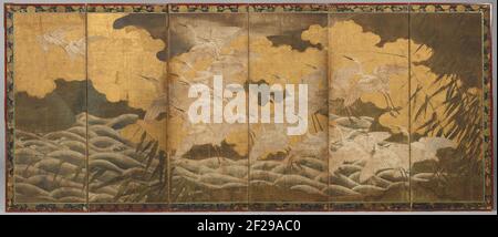 Schermo in sei parti. Tale schermo che rappresenta un aironi di volo sopra l'acqua e le rocce. Nota: Vedere anche AK-MAK-170-B. Foto Stock