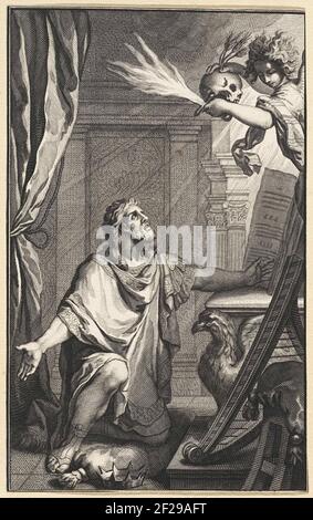 Visioen van koning David.King David si inginocchia su un cuscino. Accanto a lui c'è una corona. Arpa si trova accanto a un tavolo con un libro di salmen in pendenza. Si guarda in su, dove un angelo gli appare. Nelle sue mani l'angelo ha una spada fiammeggiante, un cranio e alcune orecchie di mais. Foto Stock