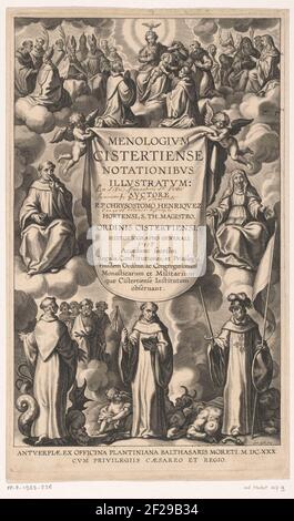 Allegorische telpagina met Cisterciënzer heiligen; Titelpagina voor: Chrysostomus Henriquez, Menologium Cistertiense Notationibus Illustratum, Antwerpen, 1630.due angeli tengono un panno con il titolo del libro. Sopra Maria con bambino e lo Spirito Santo sotto forma di un piccione circondato da santi. Su entrambi i lati della tela un santo cistercense maschile e femminile. Tra tre cistercensi in piedi. I gradini di sinistra con il piede su un drago, la parte centrale tiene un compagno, il rettilineo porta una spada e una bandiera. Foto Stock