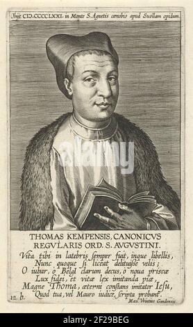 Ritratto di Thomas à Kempis; Thomas Kempensis CanonicVs; Ritratti di famosi studiosi olandesi e fiamminghi; Illustrazione Galliae Belgicae Scriptorum icones et elogi.Ritratto di Thomas à Kempis. Busto verso destra. La stampa ha una cima latina e una didascalia ed è parte di una serie di famosi studiosi olandesi e fiamminghi. Foto Stock