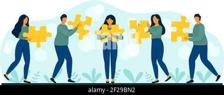 Gli uomini d'affari tengono i pezzi del puzzle nelle mani. Lavoro di squadra, partnership, concetto di supporto. Illustrazione vettoriale di stile piatto. Illustrazione Vettoriale