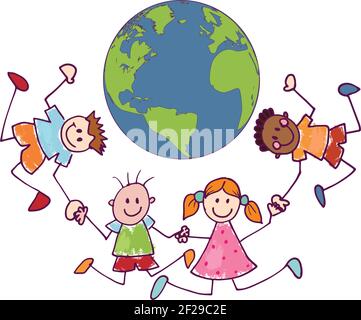Cartoon di gruppo multietnico gioioso e felice sorridente bambini che tengono le mani in un cerchio intorno alla Terra. Carino bambini in stile doodle. Unità di pace Illustrazione Vettoriale