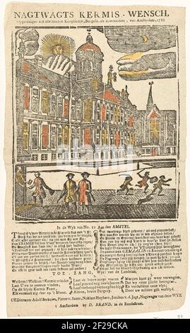 KermiSprent dell'orologio notturno di Amsterdam per l'anno 1788; Nagtwags Kermis-Wensch, ingerito a tutti i mercanti, cittadini e occupanti Heeren, da Amsterdam, 1788.Kermickenspesi per l'anno 1788 dell'orologio notturno di Amsterdam (Rattleswacht) van Wijk n° 21 (aan den Amstel), dedicato ai cittadini di Amsterdam. Membri del Rattleswacht che attende la Piazza Dam, nel cielo il Sole, la Luna e le Stelle. Sulla foglia sotto lo spettacolo un fresco in due colonne con UNA canzone in tre colonne nella berlina. Foto Stock