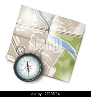 Bussola tascabile Vector retro Metal con vista dall'alto della mappa da viaggio isolato su sfondo bianco Illustrazione Vettoriale