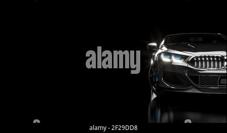 auto nera moderna e lussuosa su sfondo scuro. rendering 3d. Foto Stock