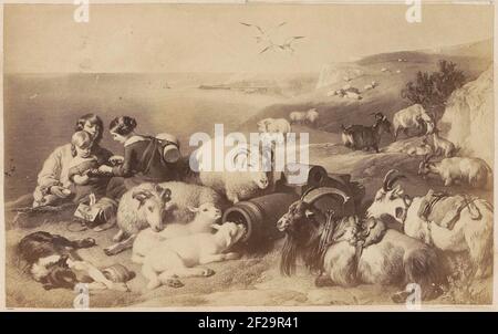 Produzione fotografica di (presumibilmente) una stampa di una donna e due bambini in un gregge di capre.parte o album con immagini di luoghi e paesaggi in Inghilterra e o arte Foto Stock