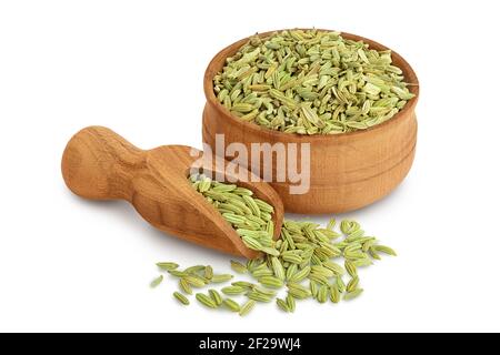 Semi di finocchio essiccati in ciotola di legno isolata su sfondo bianco con tracciato di ritaglio e profondità di campo completa Foto Stock