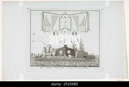 Vlot van Saint-Malo, 1797; Het Nieuw Fransch Vlot en Kasteel.Frans castello liscio o galleggiante con cui 15,000 doveva essere trasportato con cavalli e pistole. Progettato dall'ingegnere francese le Blanc per l'invasione dell'Inghilterra dalla Francia, febbraio 1797. Centrale alla zattera una fortezza o castello. In questo disegno ai mulini posteriori su vento o cavalli potere che può essere guidato ai lati in acqua o cinghie sui lati. Nella parte superiore di una mappa della costruzione. La piastra include un foglio di testo con spiegazione. Foto Stock