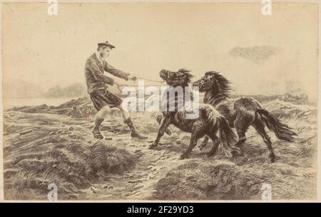 Produzione fotografica di (presumibilmente) una stampa di un uomo scozzese con due ponies.part o album con immagini di luoghi e paesaggi in Inghilterra e o arte Foto Stock