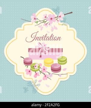 Biglietto d'invito per la festa del tè con fiori e macaron francesi in stile nostalgico d'annata. Torta dolce, illustrazione grafica del dessert Illustrazione Vettoriale