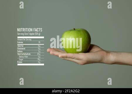 Donna`s mano che tiene la mela verde, fatti nutrizionali su sfondo grigio. Modello concettuale di alimenti dietetici e vitamine per la pubblicità dei prodotti. Foto Stock