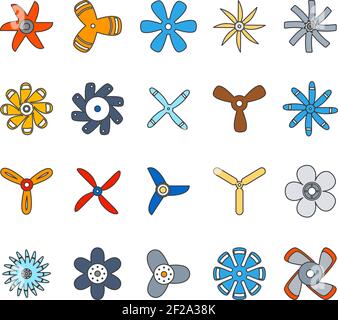 Icone Propeller e paddle flat impostate. Ruota e alimenta vento, turbina e pala, illustrazione vettoriale Illustrazione Vettoriale
