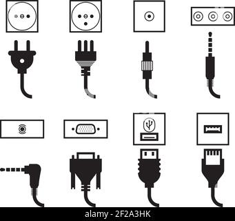 Set di icone per prese elettriche e spine. Presa di corrente, connettore video jack, USB e standard audio, collegamento a filo, illustrazione vettoriale Illustrazione Vettoriale