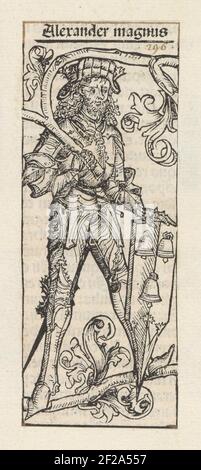 Alexander de Grote; Alexander Magnum; Liber Chronicarum.UN uomo in armatura con uno stemma su cui tre chiamate. L'uomo sta sulle radici del suo albero di famiglia. Il testo lo identifica come Alessandro Magno. La stampa fa parte di un album. Foto Stock