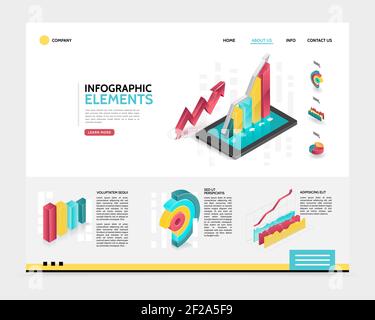 Modello di landing page infografica isometrica con grafici 3d e. grafici per l'analisi aziendale e l'illustrazione di un vettore di presentazione Illustrazione Vettoriale