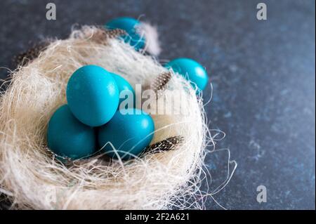 Colorazione mistica delle uova di Pasqua con ramoscelli in un nido decorativo su sfondo blu Foto Stock