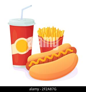 Gustoso Hot Dog luminoso con bibita e patatine fritte combo. Mondo no dieta giorno, unhealthy fast food concetto. Può essere utilizzato per Web, menu, banner Illustrazione Vettoriale