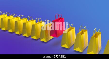 Global eCommerce, online trade and consumate Concept: Molti 3D resi borse di shopping giallo su sfondo viola con spazio di copia. Una scatola rosa autentica Foto Stock