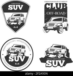 Emblemi, etichette e loghi vettoriali per auto SUV. Spedizione estrema fuoristrada, illustrazione di un veicolo 4x4 Illustrazione Vettoriale