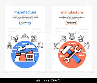 Produzione striscioni verticali con macchine utensili industriali per martelli con chiave di fabbrica operatore tecnico, icone delle linee dei bracci robotizzati, illustrazione vettoriale Illustrazione Vettoriale