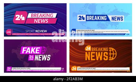 Banner di notizie TV. Il titolo del banner delle ultime notizie, i retrocali dei report globali. Televisione notizie che trasmettono banner vettoriali illustrazione set Illustrazione Vettoriale