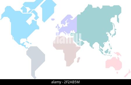 Mappa del mondo semplificata disegnata con linee rette nitide (colori diversi per ciascun continente) Illustrazione Vettoriale