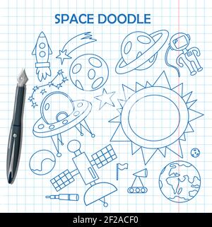 Disegno di mano spazio illustrazione con un razzo, astronauta, pianeti e alieni. Carino, i vettori dei bambini che disegnano circa le navicelle spaziali, le piattine volanti e. Illustrazione Vettoriale