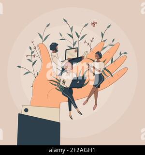 I piccoli lavoratori degli uffici sono seduti su una mano enorme. Concetto di un buon ambiente di lavoro confortevole, clima psicologico favorevole, retribuzione elevata e libertà Illustrazione Vettoriale