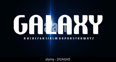 Font Galaxy, alfabeto arrotondato minimo alto con luce incandescente. Lettere futuristiche ed eleganti per il cinema fantascientifico, hud, logo tecnologico. Contrasto Illustrazione Vettoriale