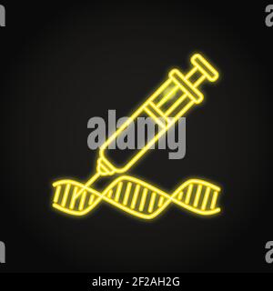 Icona di modifica del gene nello stile della linea al neon. Simbolo del concetto di bioingegneria. Spirale e siringa del DNA. Illustrazione vettoriale. Illustrazione Vettoriale