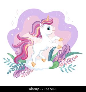 Carino cartone animato poco unicorn con piante magiche. Illustrazione vettoriale isolata. Per cartoline, poster, design per vivai, biglietti d'auguri, adesivi, camera deco Illustrazione Vettoriale