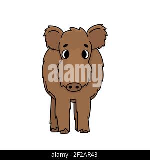 Brown Vector contorno carino fumetto boar. Supporti per animali soffici, vista frontale. Doodle illustrazione isolata su sfondo bianco Illustrazione Vettoriale