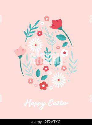 Buona Pasqua. Biglietti d'auguri o poster con fiori di primavera e uova di Pasqua. Modello poster di caccia alle uova. Sfondo della molla. Illustrazione vettoriale Illustrazione Vettoriale