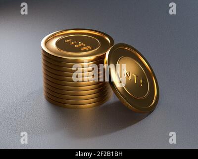 Gettone moneta NTF su sfondo grigio. Gettone non rimborsabile. rendering 3d. Crypto art luogo per la vendita. Concetto di Blockchain. Foto Stock