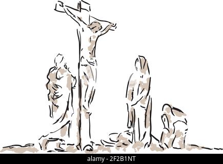 Gesù Cristo crocifisso sulla croce. Religione cristiana e cattolica. Illustrazione vettoriale. Illustrazione Vettoriale